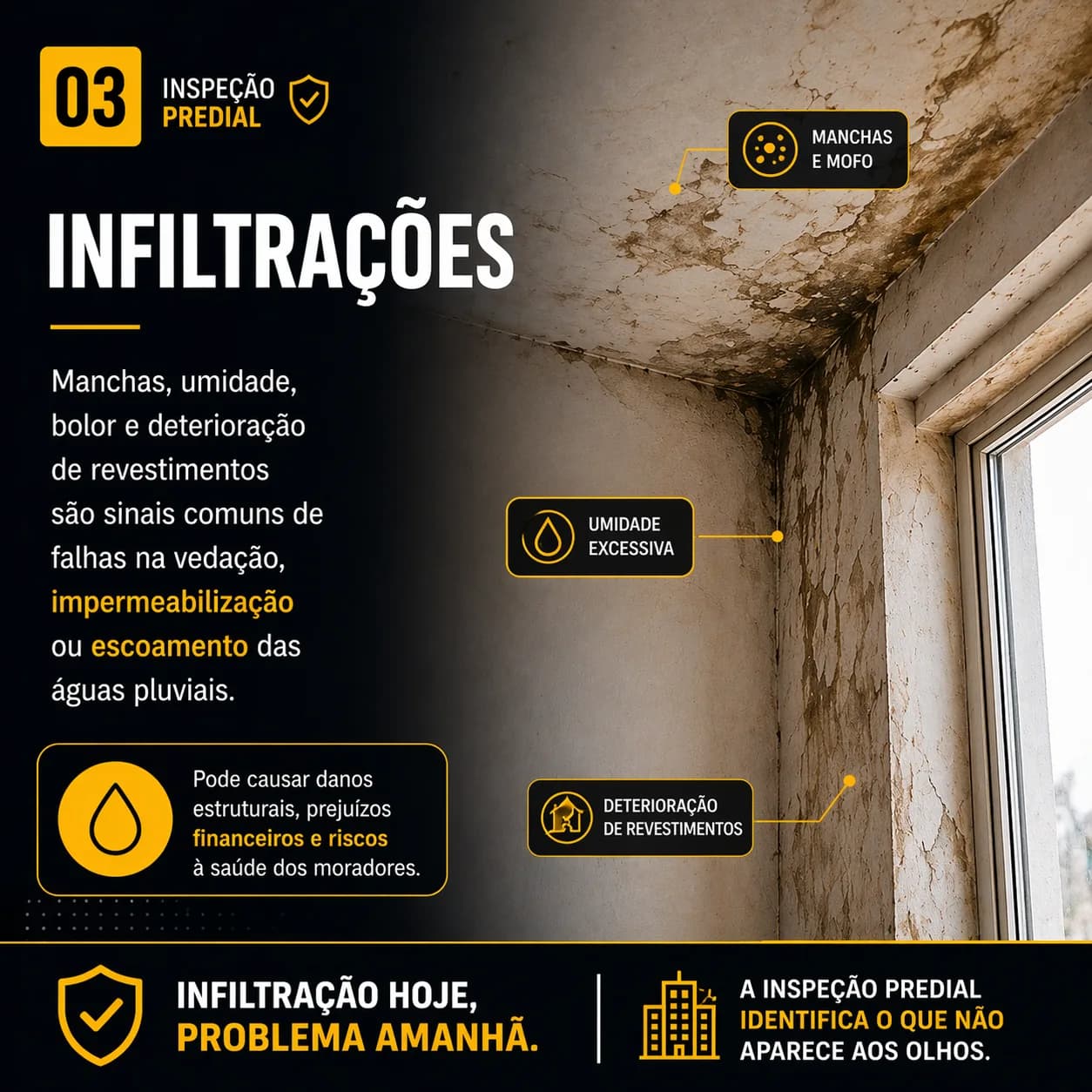 Arte da ASC Engenharia sobre infiltrações: manchas, mofo e deterioração de revestimentos