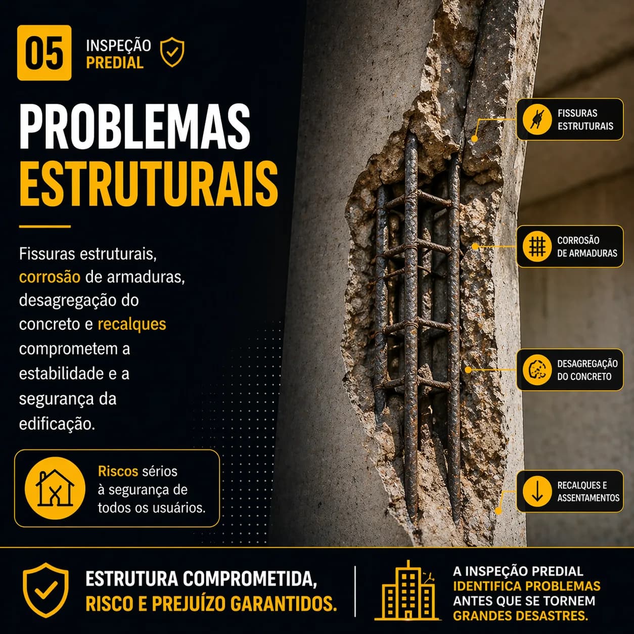 Arte da ASC Engenharia sobre problemas estruturais: fissuras, corrosão de armadura e desagregação do concreto