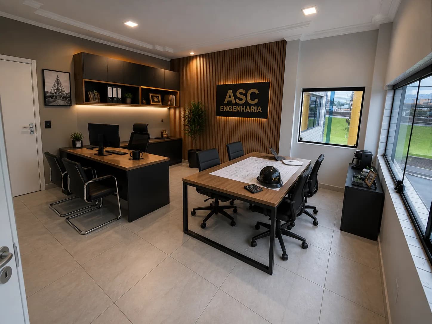 Sala de reunião do escritório da ASC Engenharia, em Praia Grande