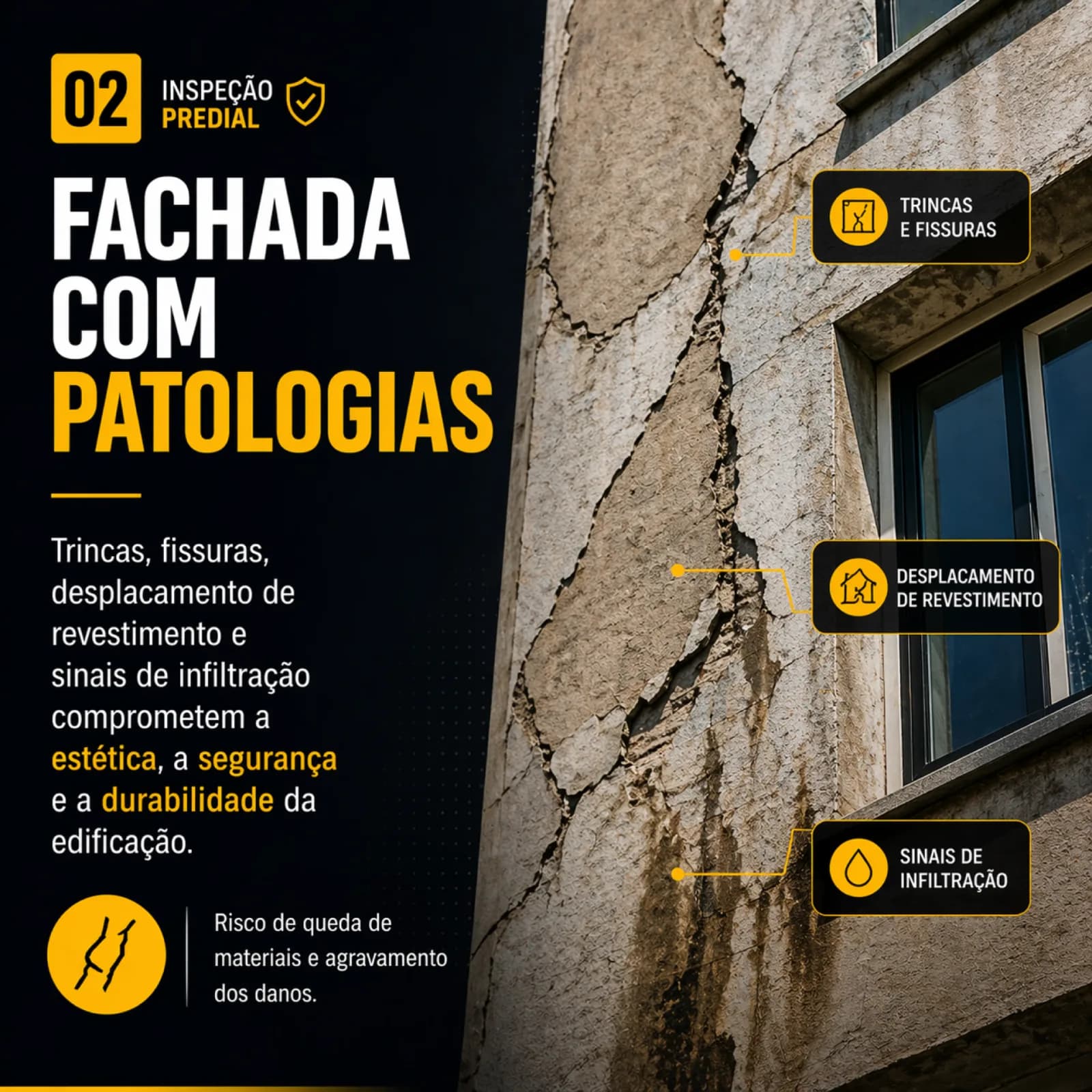 Arte da ASC Engenharia sobre patologias de fachada: trincas, desplacamento e infiltração